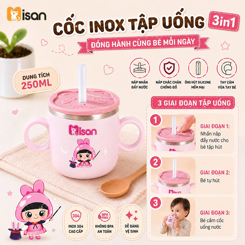 Cốc tập uống inox 3in1 Misan