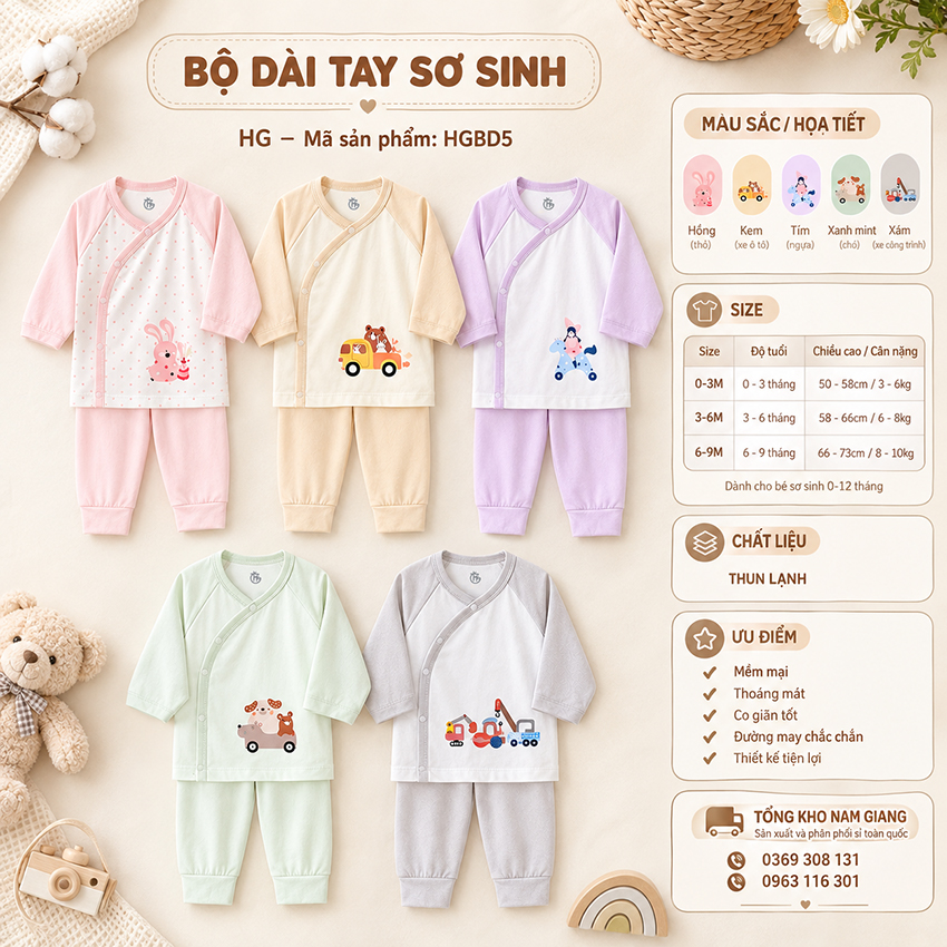 Bộ dài sơ sinh thun lạnh HG cài lệch HGBD5