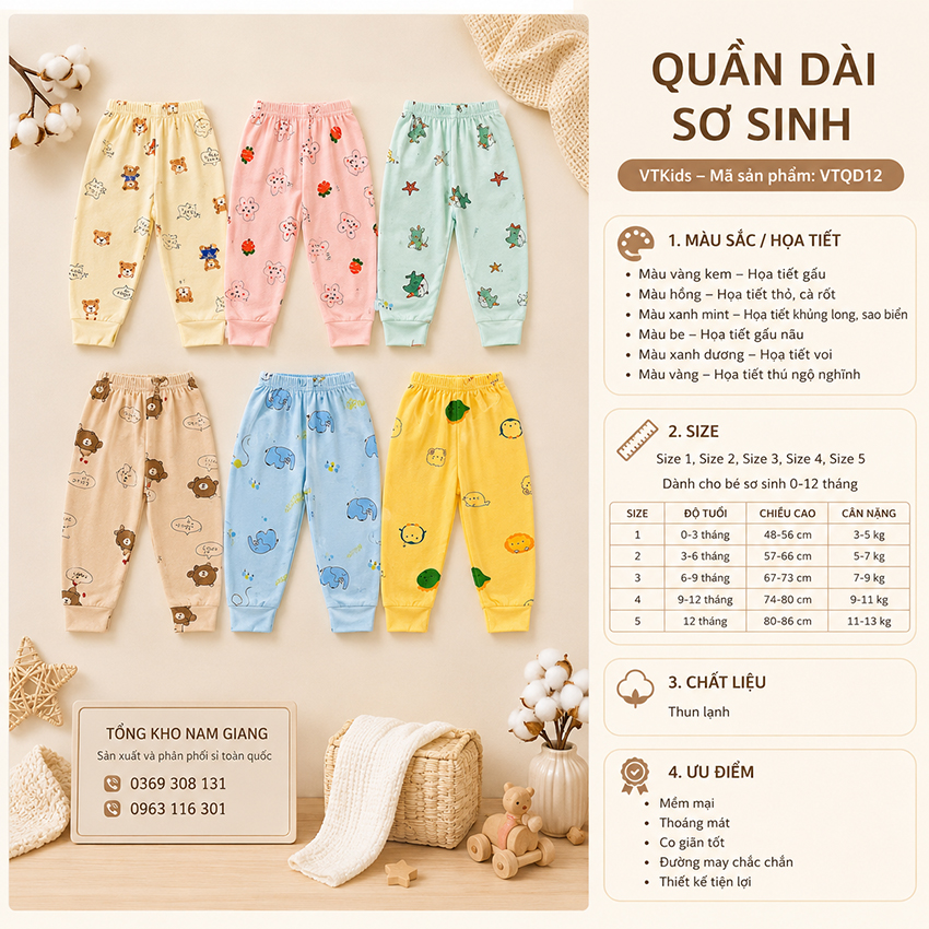Quần dài sơ sinh thun lạnh VTKids VTQD12