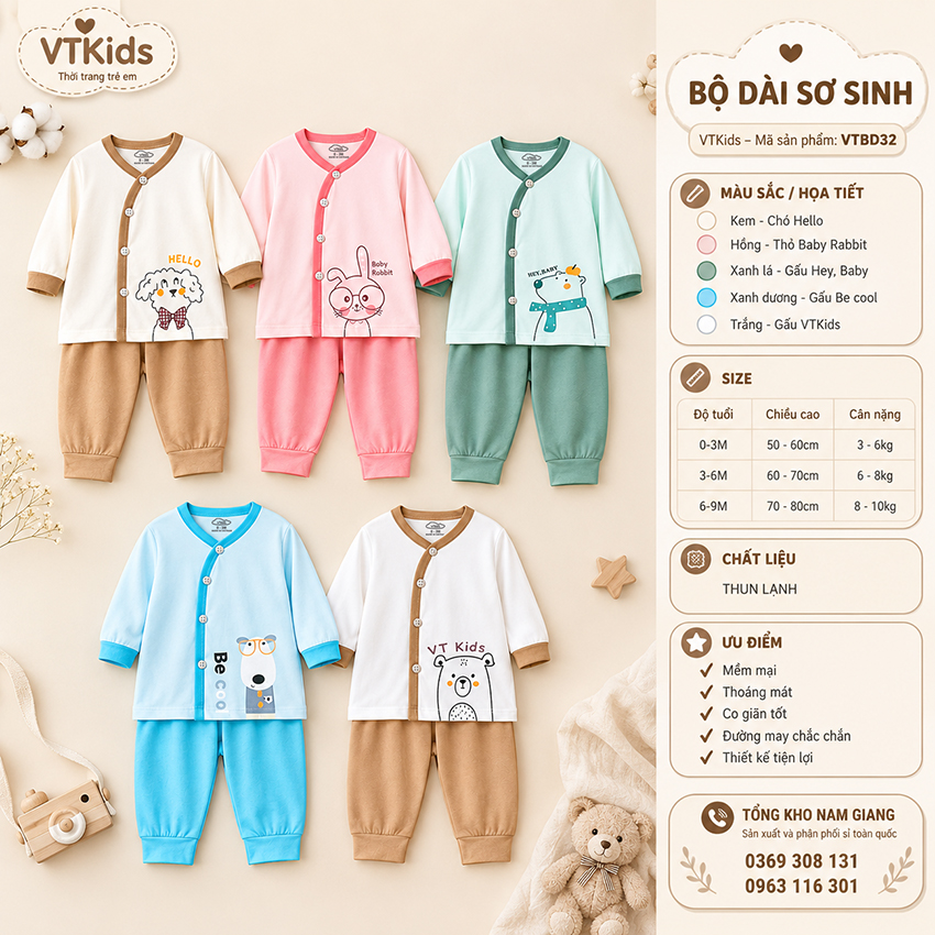 Bộ dài sơ sinh thun lạnh VTKids cài lệch VTBD32
