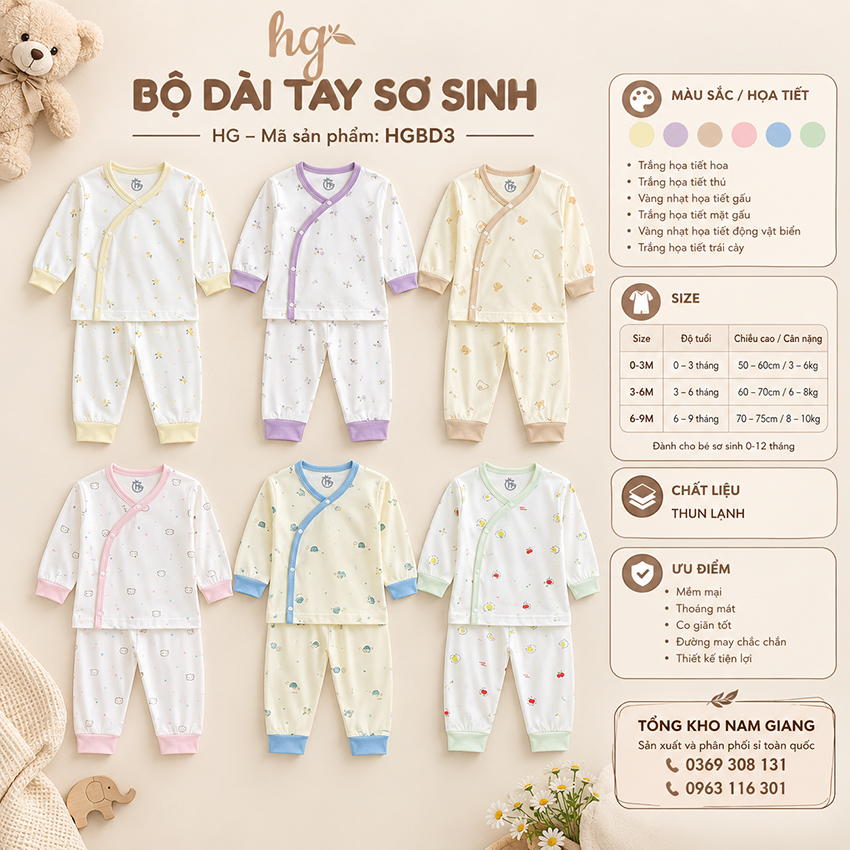 Bộ dài sơ sinh thun lạnh HG cài lệch HGBD3