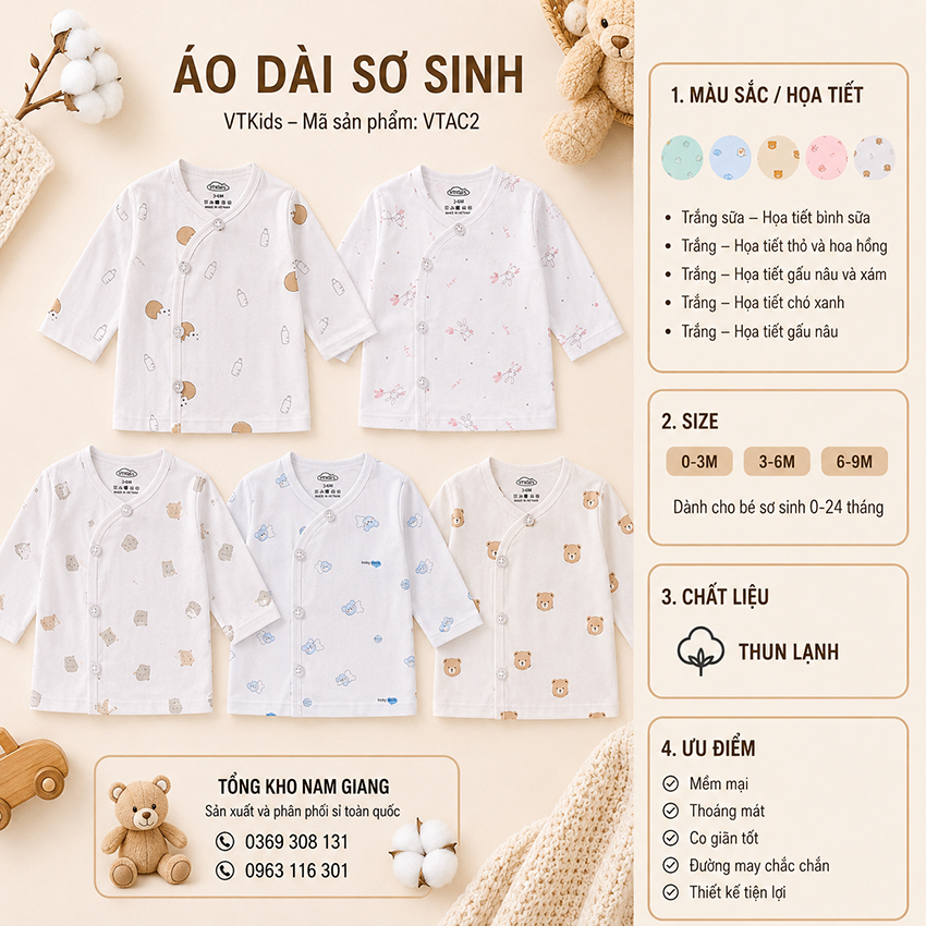 Áo dài sơ sinh thun lạnh VTKids cài lệch VTAD2