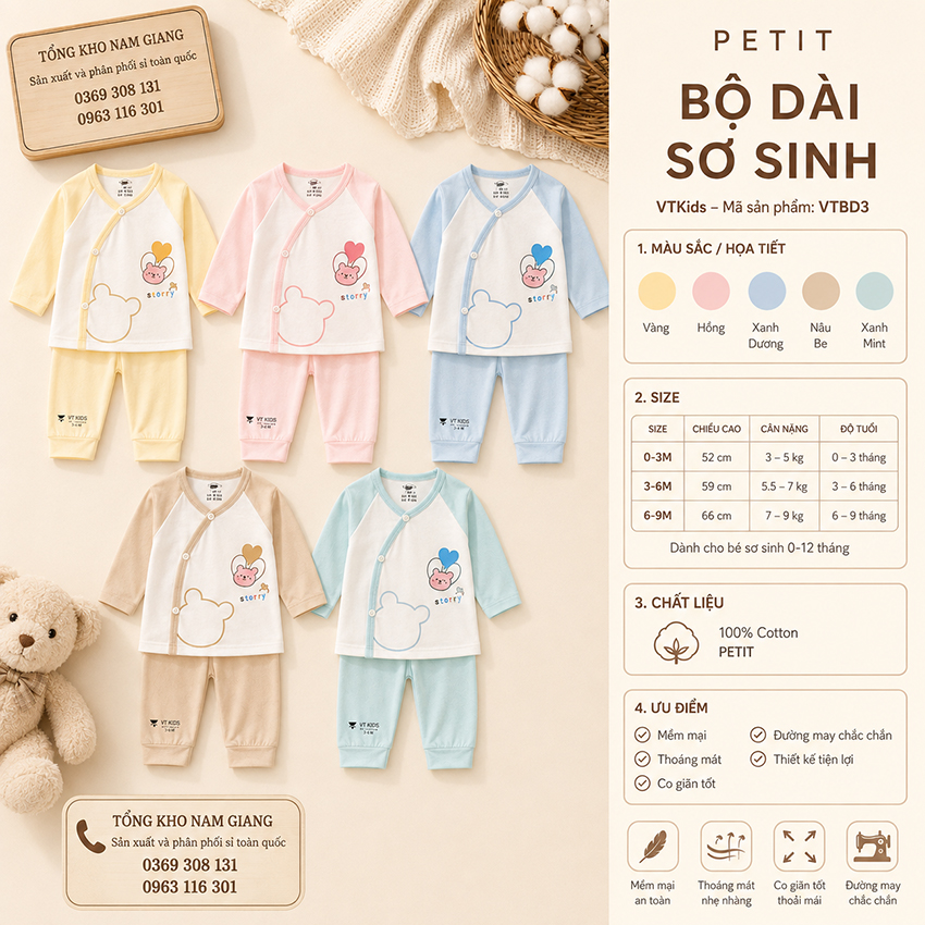 Bộ dài sơ sinh petit VTKids cài lệch VTBD3