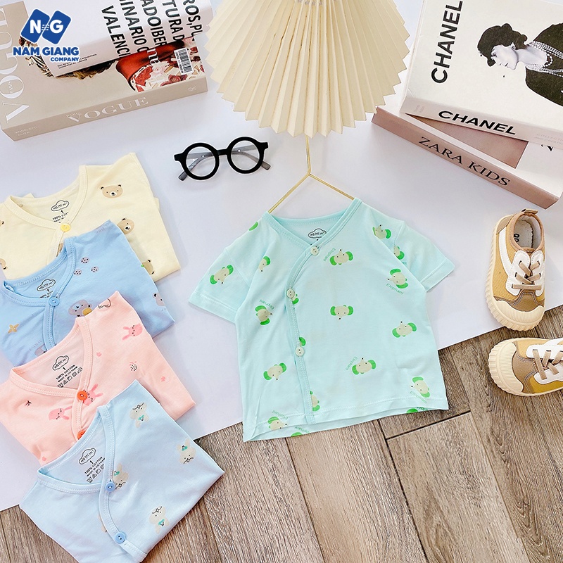 Áo sơ sinh cộc tay HG KIDS vạt lệch 100% cotton họa tiết cho bé