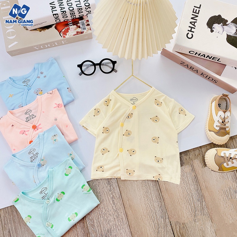 Áo sơ sinh cộc tay HG KIDS vạt lệch 100% cotton họa tiết cho bé
