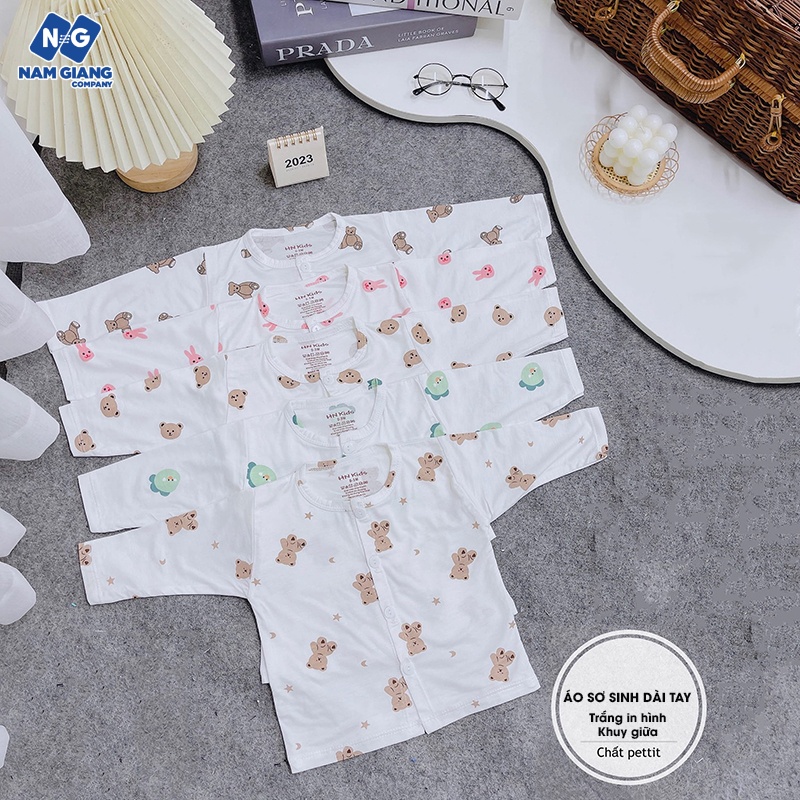 Áo sơ sinh dài petit HN kids trắng họa tiết