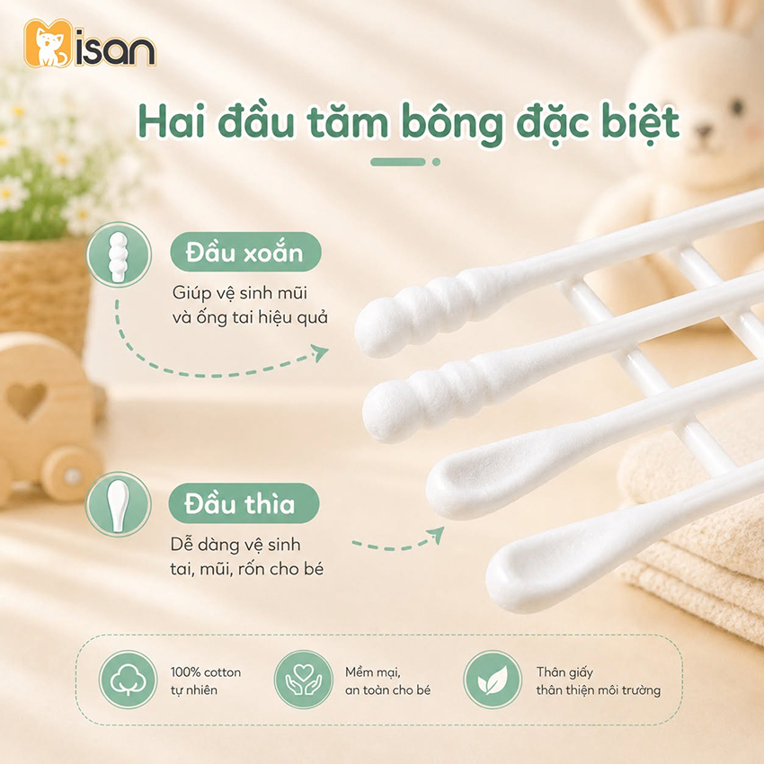 Tăm bông sơ sinh Misan 2 đầu 200 que