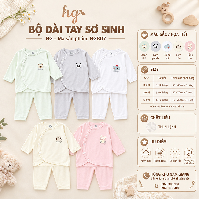 Bộ dài sơ sinh thun lạnh HG cài lệch HGBD7