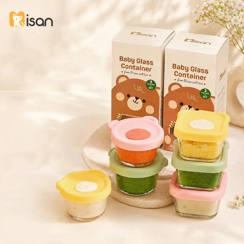 Sét 3 hũ thủy tinh gấu Misan nắp silicon trơn