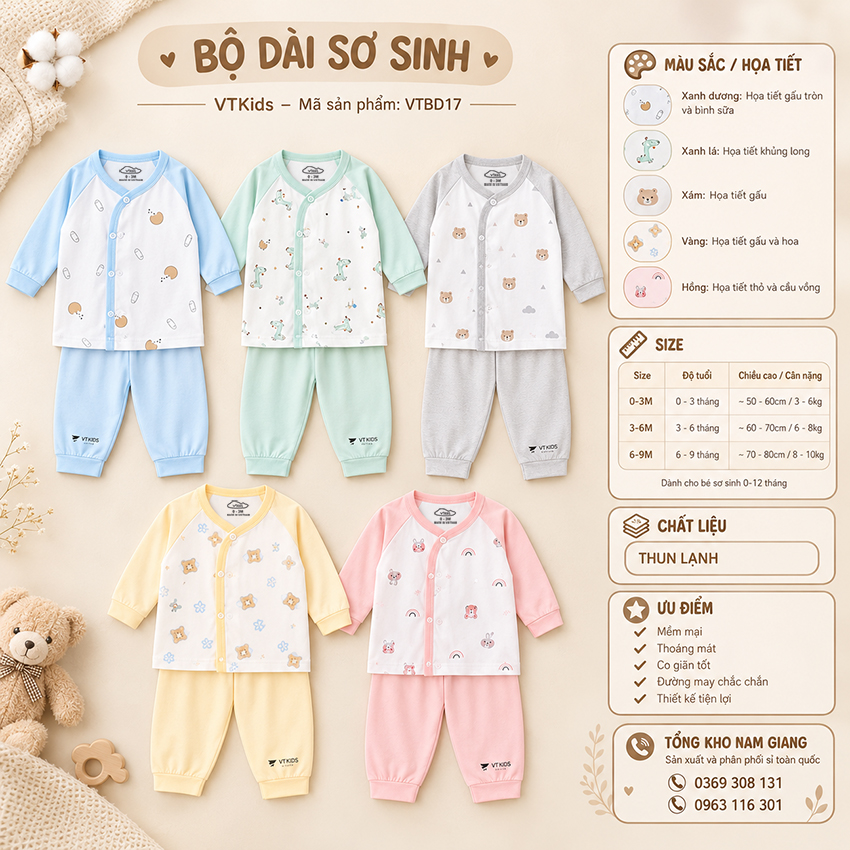 Bộ dài sơ sinh thun lạnh VTKids cài lệch VTBD17