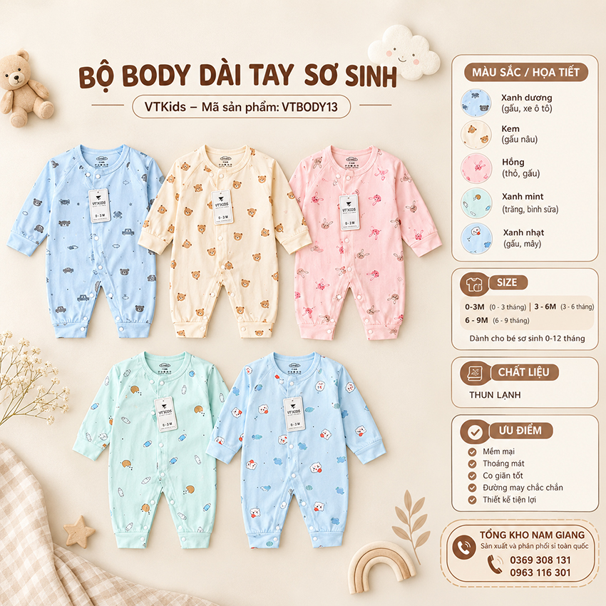 Body sơ sinh dài tay thun lạnh VTKids VTBODY13
