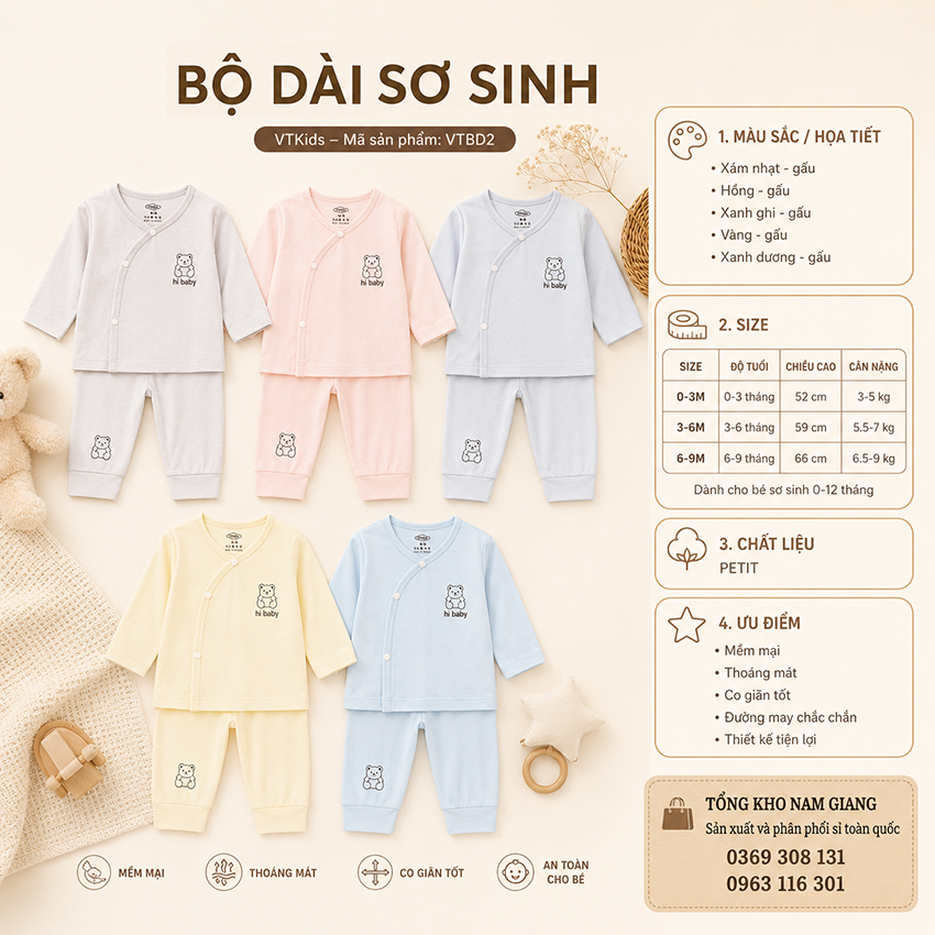 Bộ dài sơ sinh petit VTKids cài lệch VTBD2