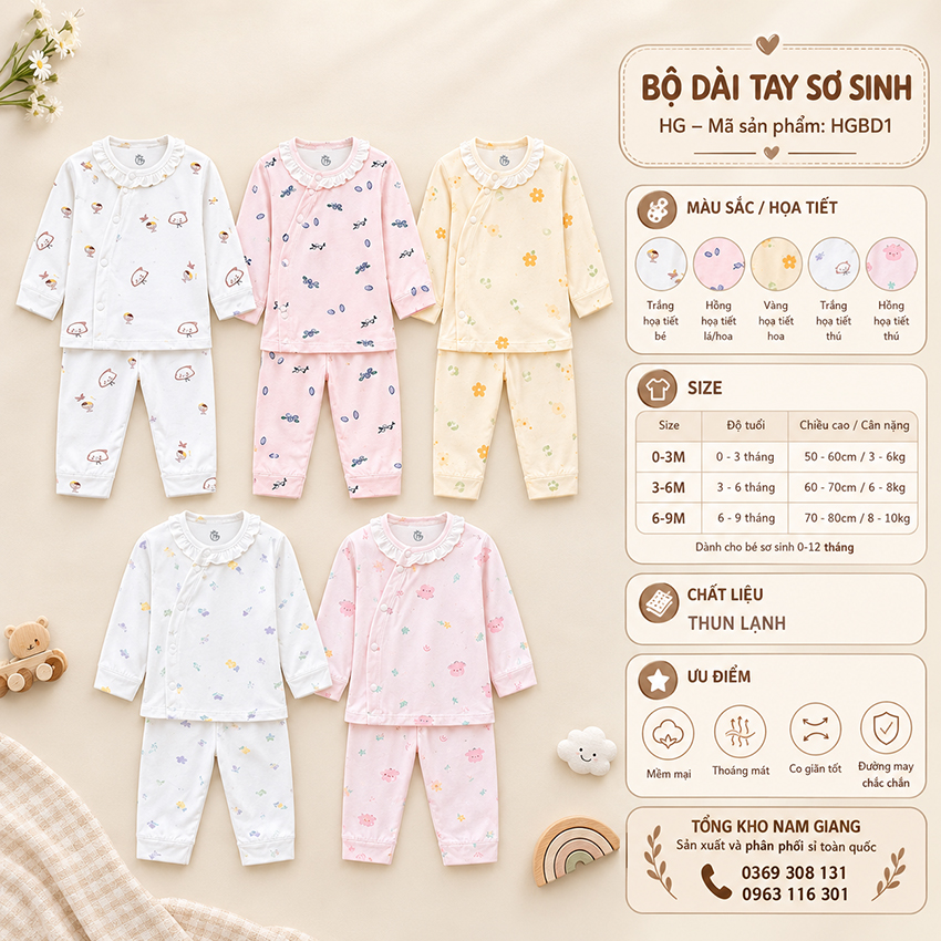 Bộ dài sơ sinh thun lạnh HG cài lệch HGBD14