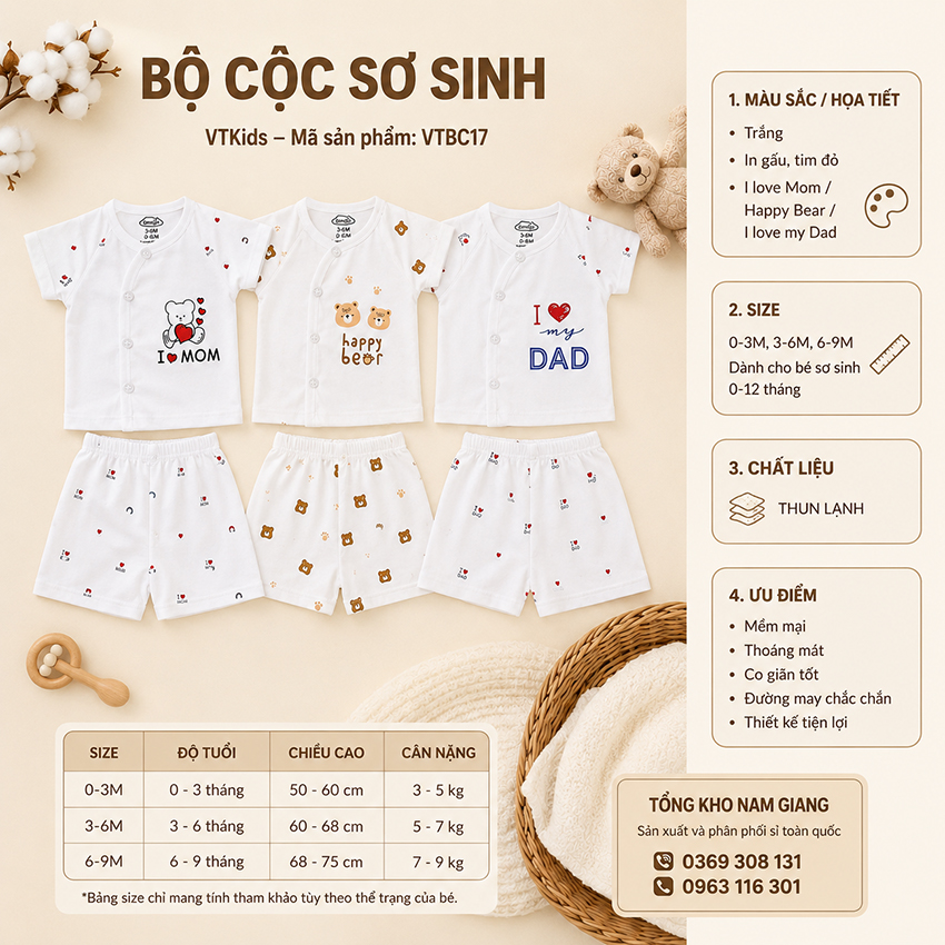 Bộ cộc sơ sinh thun lạnh VTKids cài lệch VTBC17