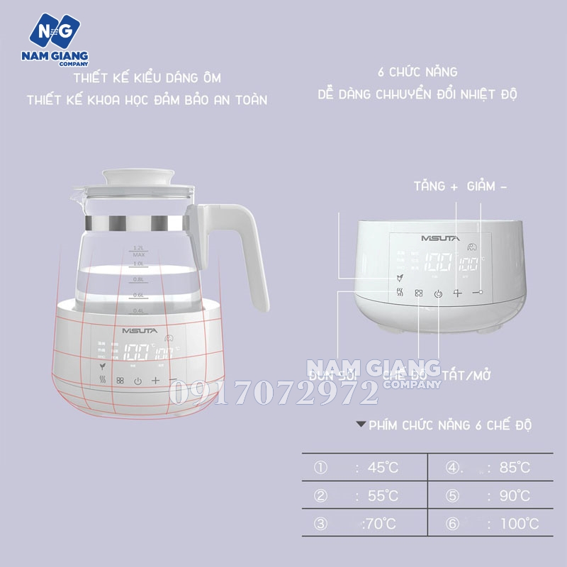 Bình đun và hâm nước pha sữa misuta 1200ml