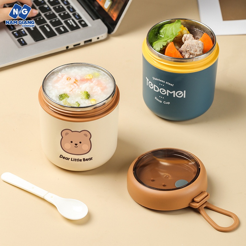 Bình ủ cháo inox 304 hình gấu tặng kèm túi giữ nhiệt