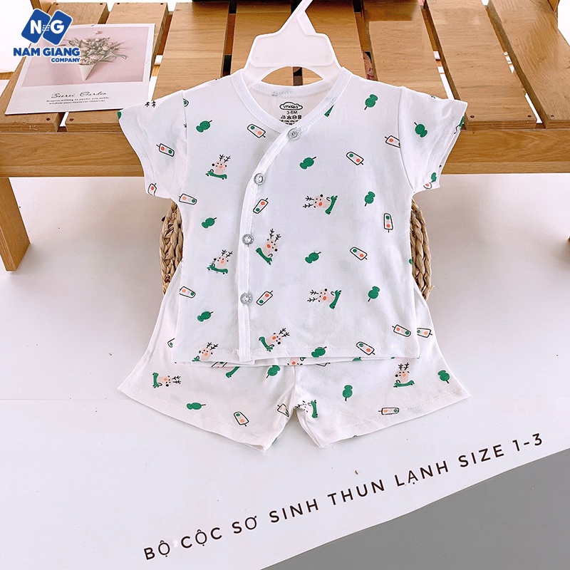 Bộ cộc sơ sinh cài lệch trắng VT Kids thun lạnh họa tiết