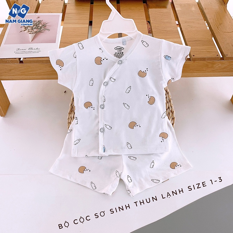 Bộ cộc sơ sinh cài lệch trắng VT Kids thun lạnh họa tiết