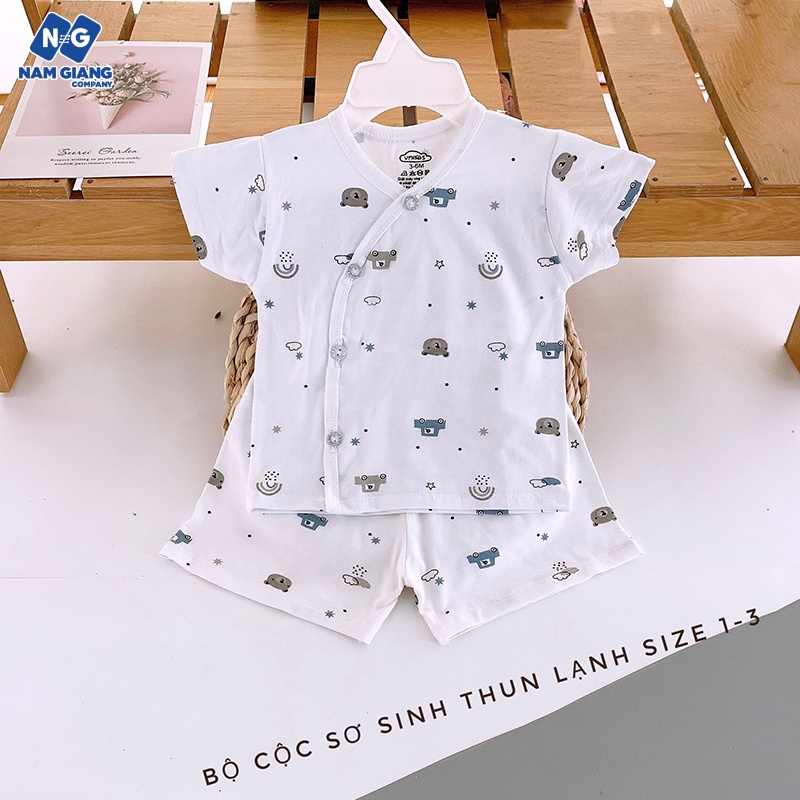 Bộ cộc sơ sinh cài lệch trắng VT Kids thun lạnh họa tiết