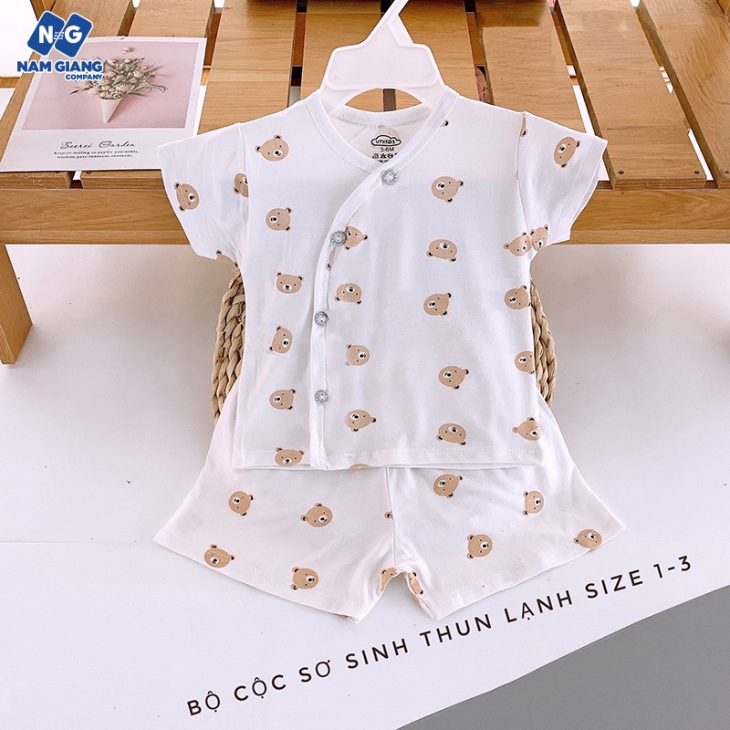 Bộ cộc sơ sinh cài lệch trắng VT Kids thun lạnh họa tiết