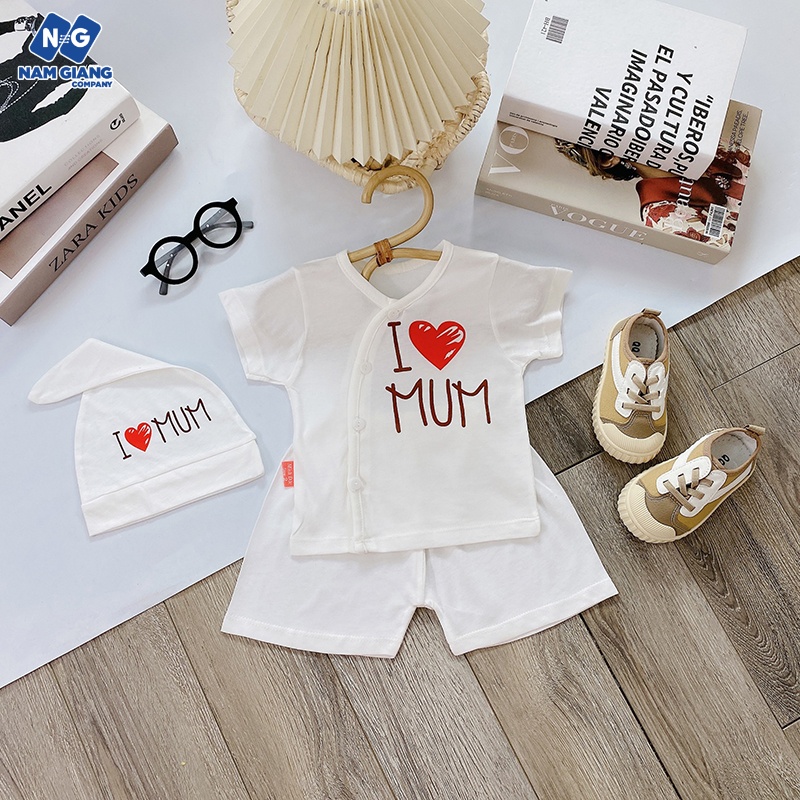 Bộ cộc sơ sinh i love mum, dad 3 chi tiết cotton cài lệch