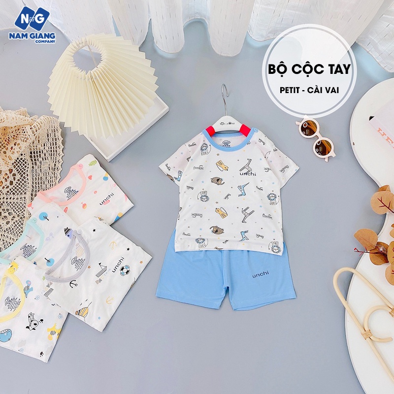Bộ cộc tay unchi họa tiết cài vai chất petit