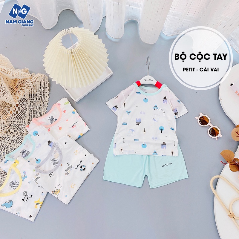 Bộ cộc tay unchi họa tiết cài vai chất petit