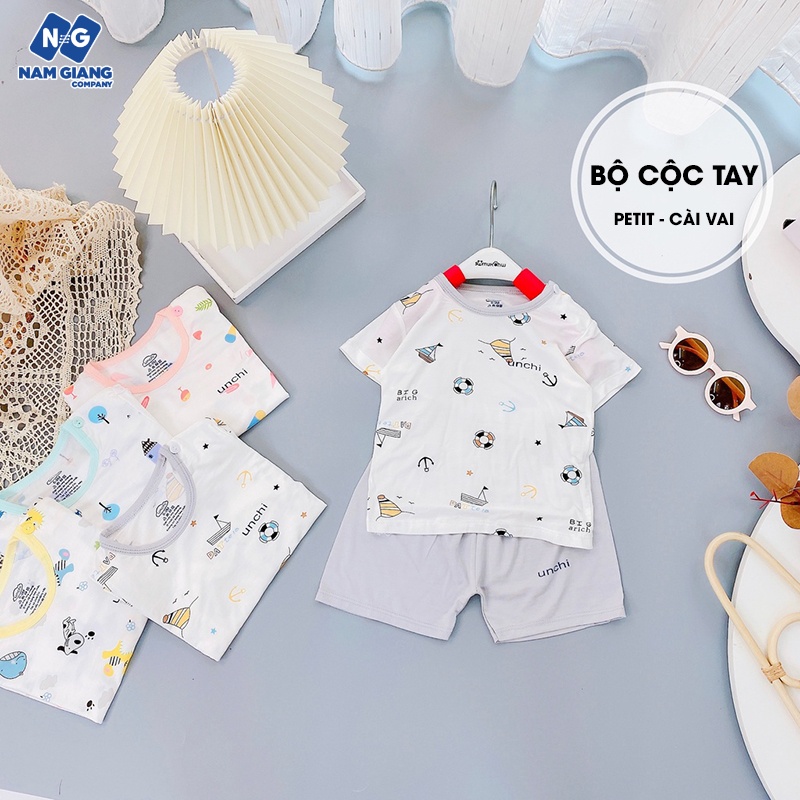 Bộ cộc tay unchi họa tiết cài vai chất petit