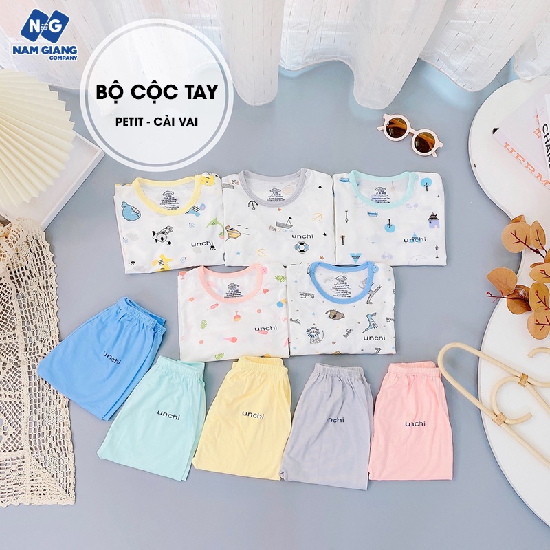 Bộ cộc tay unchi họa tiết cài vai chất petit