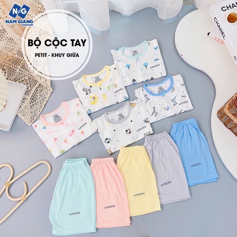 Bộ cộc tay unchi họa tiết khuy giữa chất petit