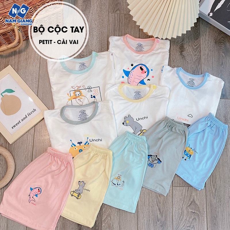 Bộ cộc tay unchi in hình cài vai chất petit