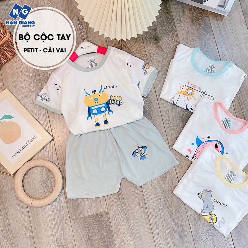 Bộ cộc tay unchi in hình cài vai chất petit