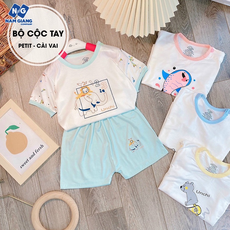 Bộ cộc tay unchi in hình cài vai chất petit