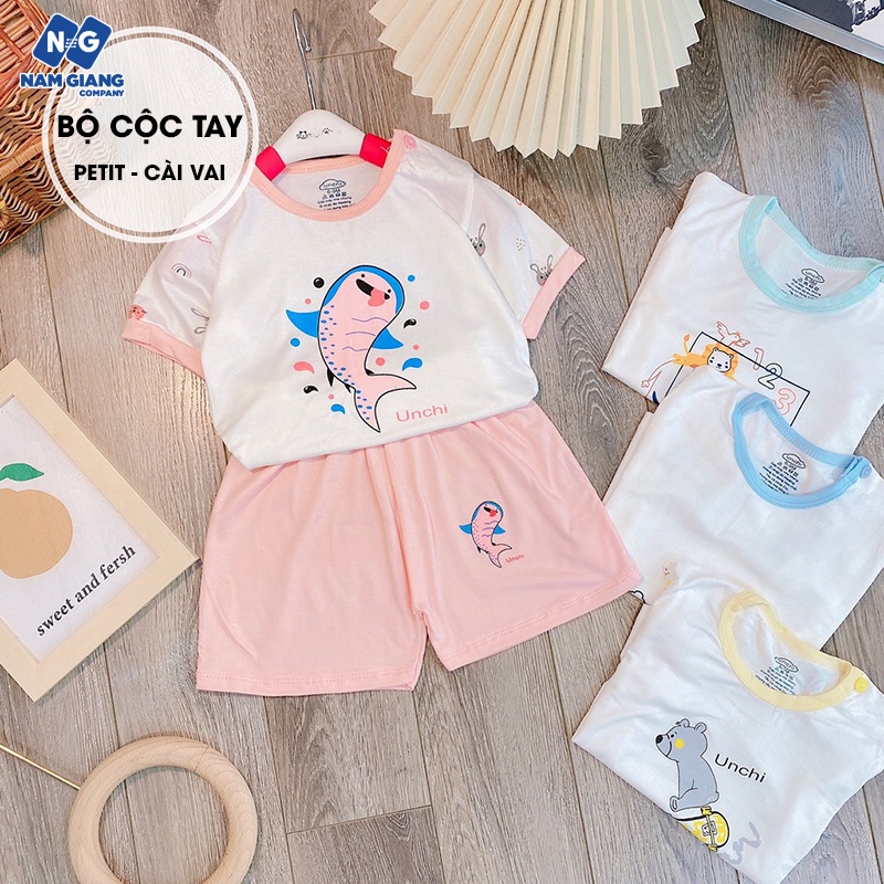 Bộ cộc tay unchi in hình cài vai chất petit