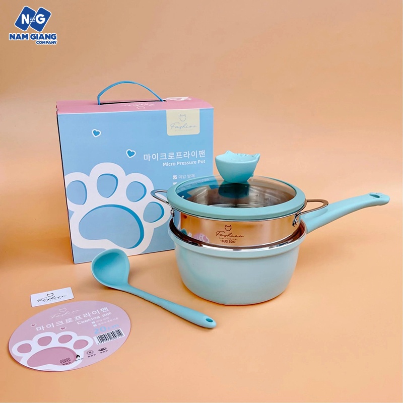 Bộ nồi chảo đá kèm xửng hấp ăn dặm xanh hồng mèo