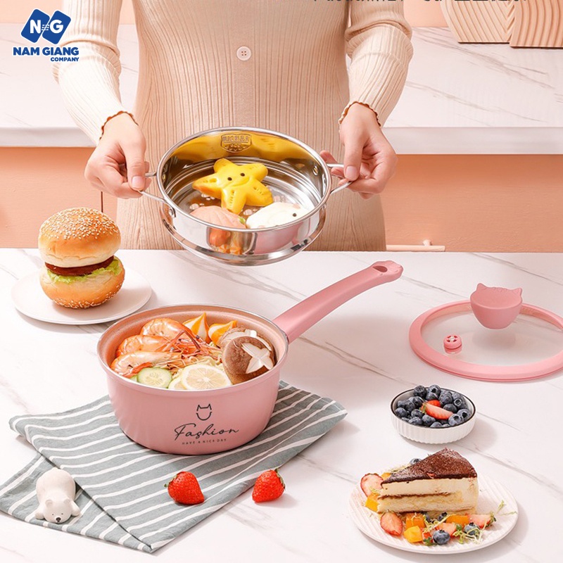 Bộ nồi chảo đá kèm xửng hấp ăn dặm xanh hồng mèo