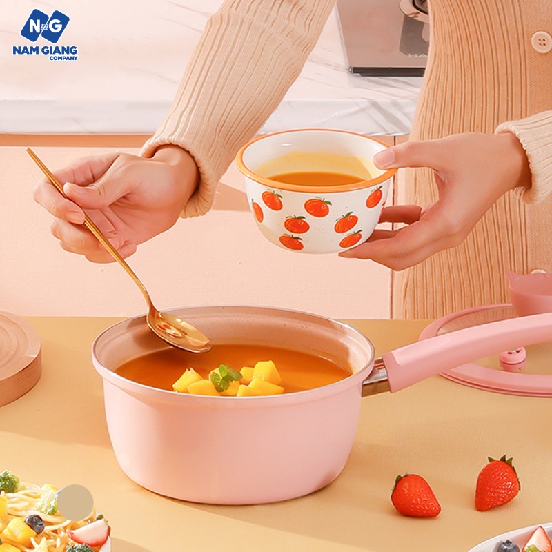 Bộ nồi chảo đá kèm xửng hấp ăn dặm xanh hồng mèo