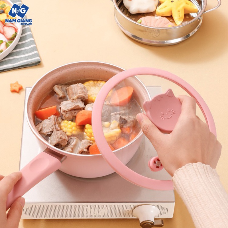 Bộ nồi chảo đá kèm xửng hấp ăn dặm xanh hồng mèo