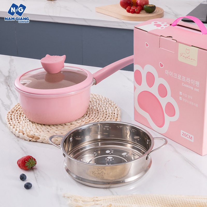 Bộ nồi chảo đá kèm xửng hấp ăn dặm xanh hồng mèo