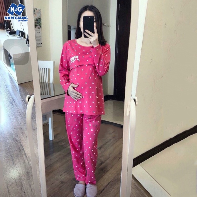 Bộ sau sinh vén ngực PINK dài tay cotton