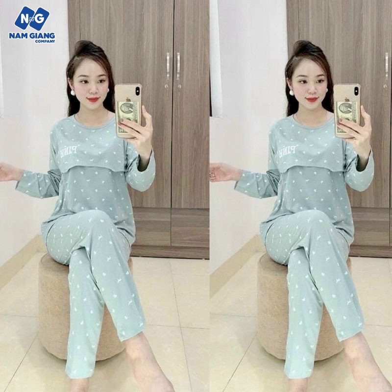 Bộ sau sinh vén ngực PINK dài tay cotton