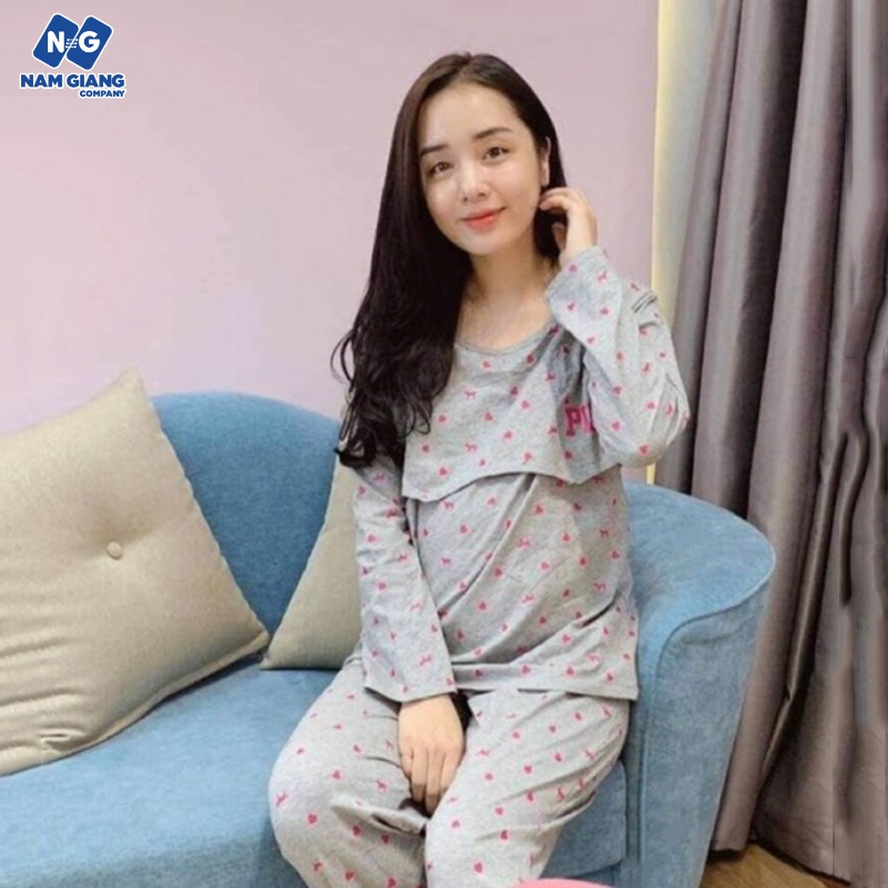 Bộ sau sinh vén ngực PINK dài tay cotton