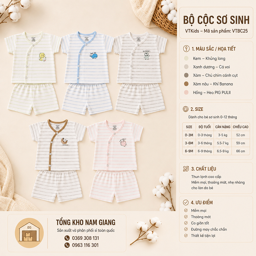 Bộ cộc sơ sinh Petit VTKids cài lệch VTBC25