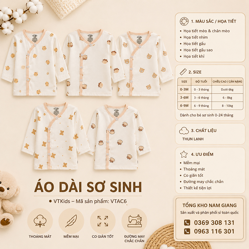 Áo dài sơ sinh thun lạnh VTKids cài lệch VTAD6