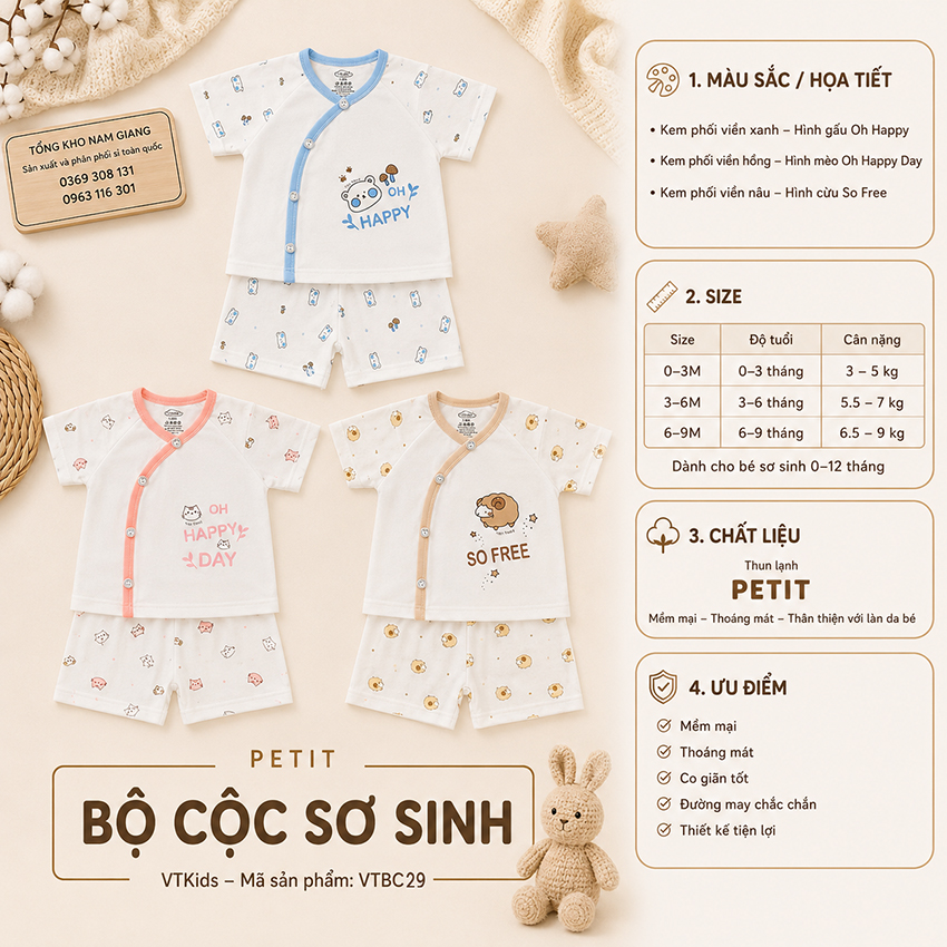 Bộ cộc sơ sinh Petit VTKids cài lệch VTBC29