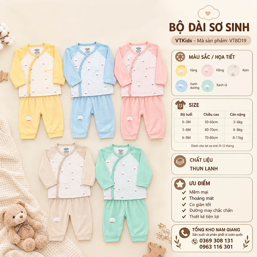 Bộ dài sơ sinh thun lạnh VTKids cài lệch VTBD19