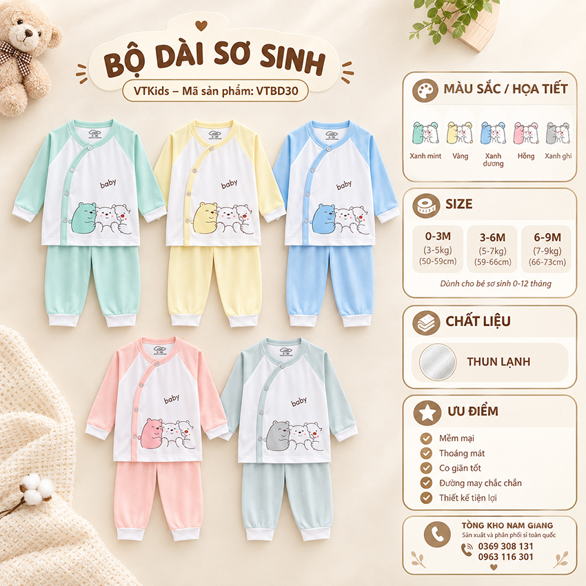 Bộ dài sơ sinh thun lạnh VTKids cài lệch VTBD30