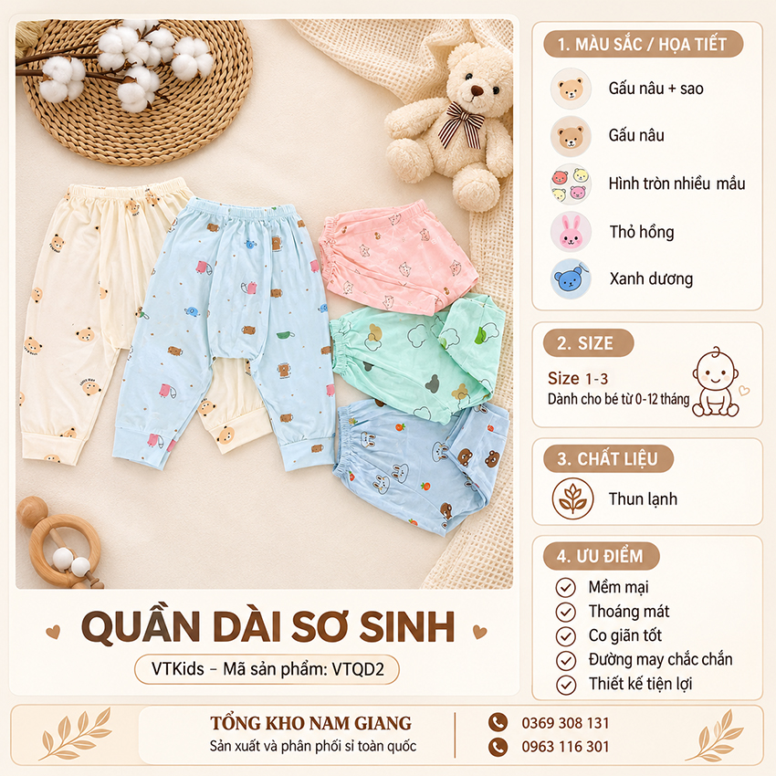 Quần dài sơ sinh thun lạnh VTKids đáp đũng VTQD2