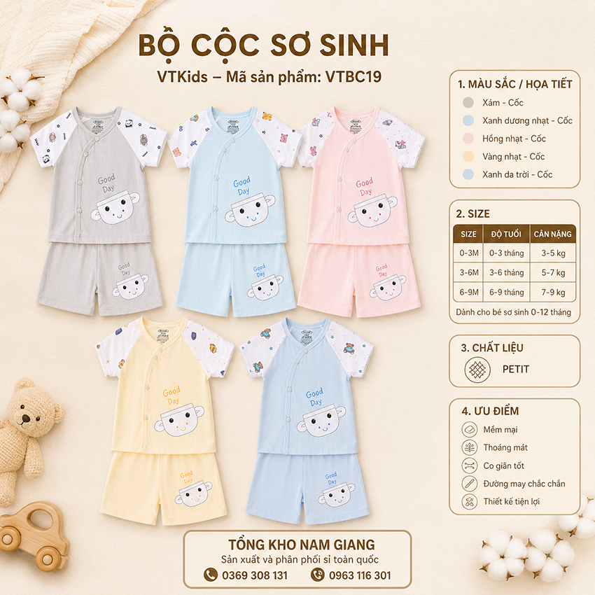 Bộ cộc sơ sinh Petit VTKids cài lệch VTBC19