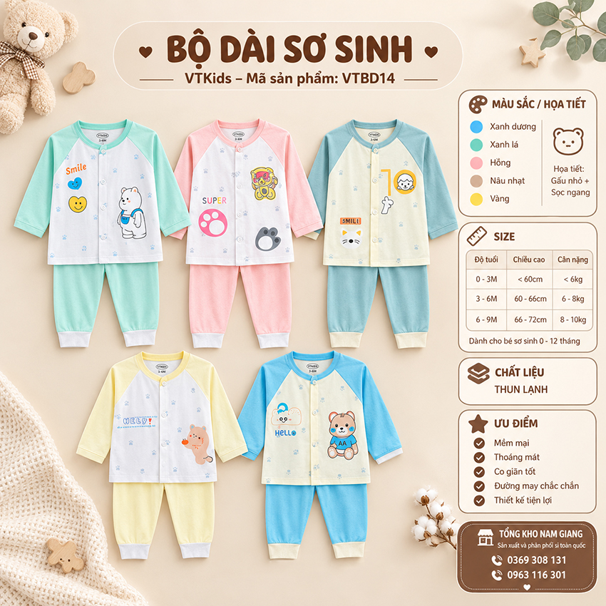 Bộ dài sơ sinh thun lạnh VTKids cúc giữa VTBD14